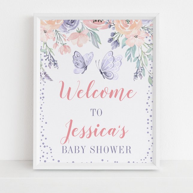 Affiche Panneau Baby shower papillon rose violet (Créateur téléchargé)