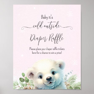 Affiche Panneau Baby shower rose Ours polaire d'hiver