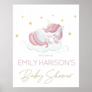 Affiche Panneau Baby shower Rose Unicorn Gold Stars