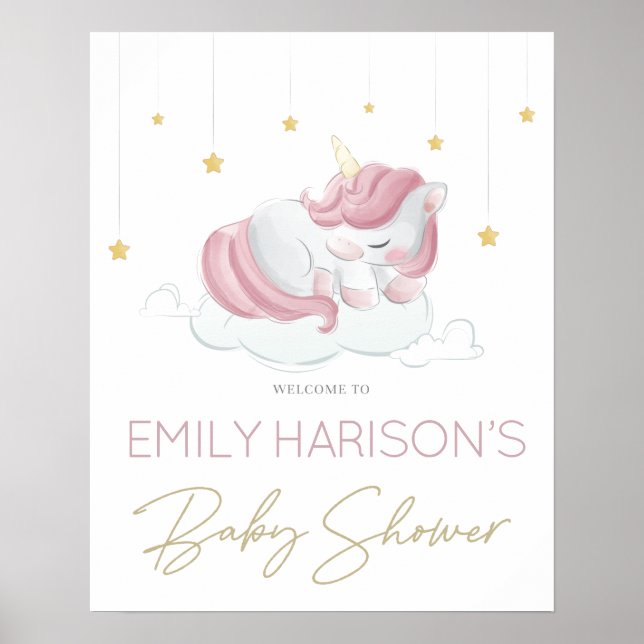 Affiche Panneau Baby shower Rose Unicorn Gold Stars (Devant)