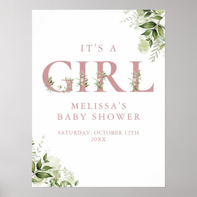 Affiche Panneau Baby shower rose verdoyant (Devant)