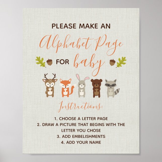 Affiche Panneau Baby shower Woodland - Page Alphabet (Devant)