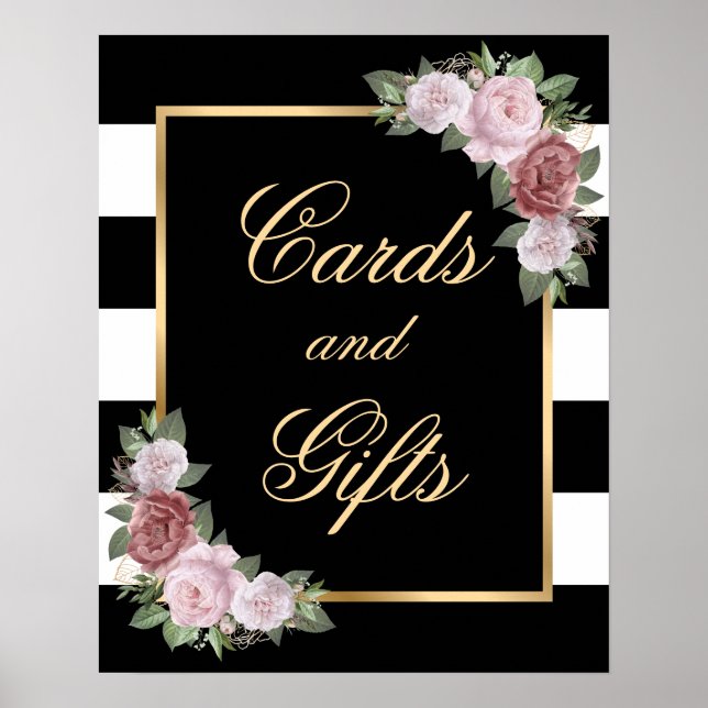 Affiche Panneau Black Gold Floral Cartes de mariage et cad (Devant)
