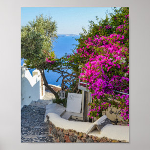 Affiche Panneau blanc à côté de Bougainvilliers violets