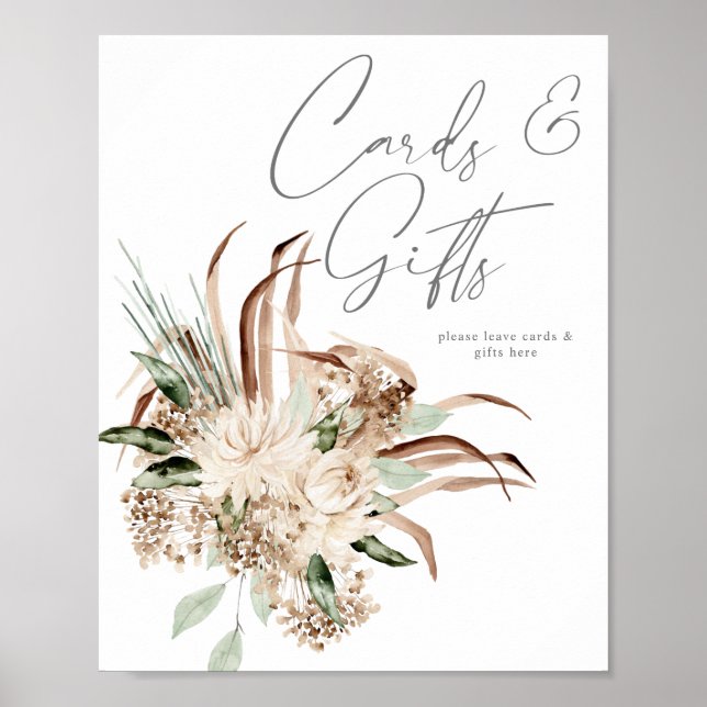 Affiche Panneau Boho Beige Floral Cartes & Cadeaux (Devant)