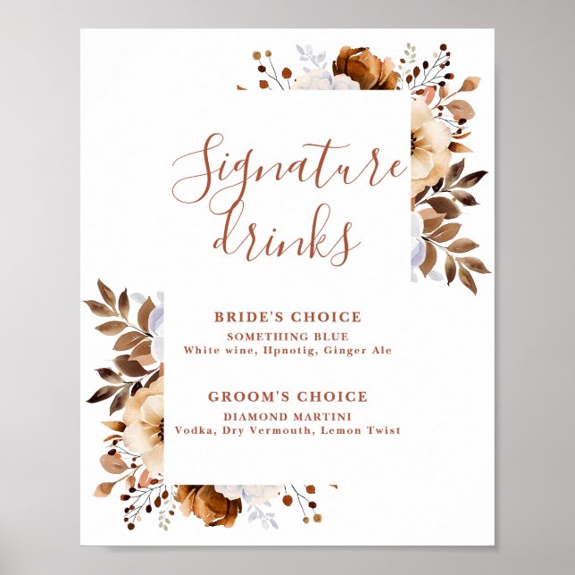 Affiche Panneau boisson de signature florale rustique en t (Devant)