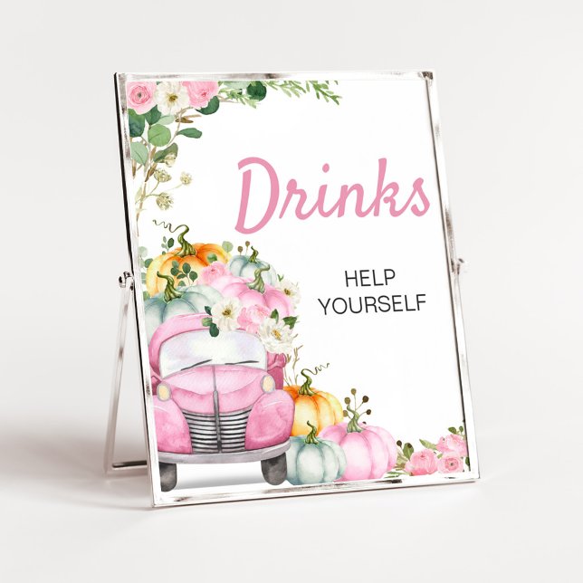 Affiche Panneau Boissons Camion Rose Citrouille d'Automne (Little Pumpkin Pink Truck Baby Shower Drinks Sign)