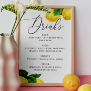 Affiche Panneau Boissons de citron Bar Mariage Botanique