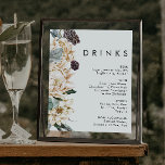 Affiche Panneau Boissons Mariages florales blanches<br><div class="desc">Nous avons conçu ce panneau de boissons Mariage Floral Blanc pour compléter votre mariage tropical foncé rustique. Avec son aquarelle bohème verdoyante et ses fleurs d'hiver boho modernes, dont la protéa, la dahlia et le lotus séché, le design est sûr de mettre en valeur votre moody, minimaliste vert et blanc...</div>