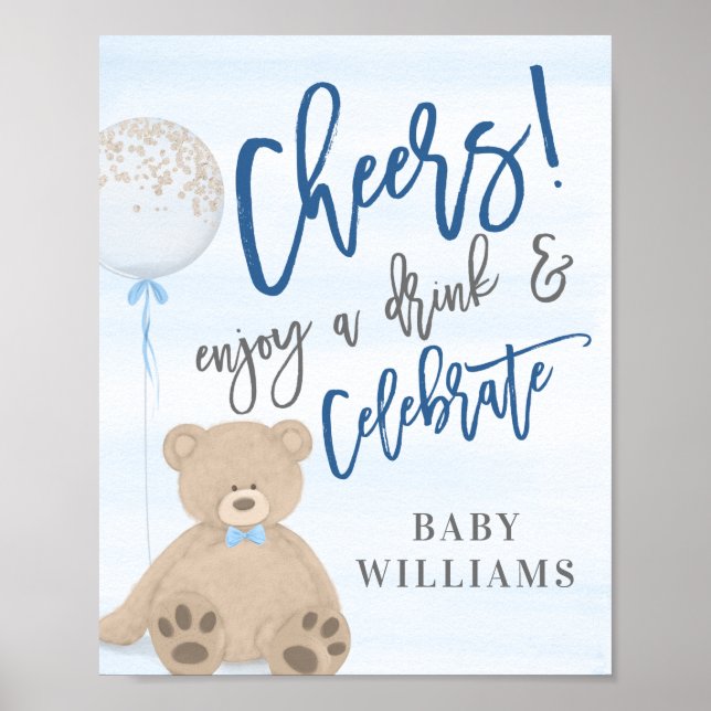 Affiche Panneau Boy Teddy Bear Blue Balloon Boissons (Devant)