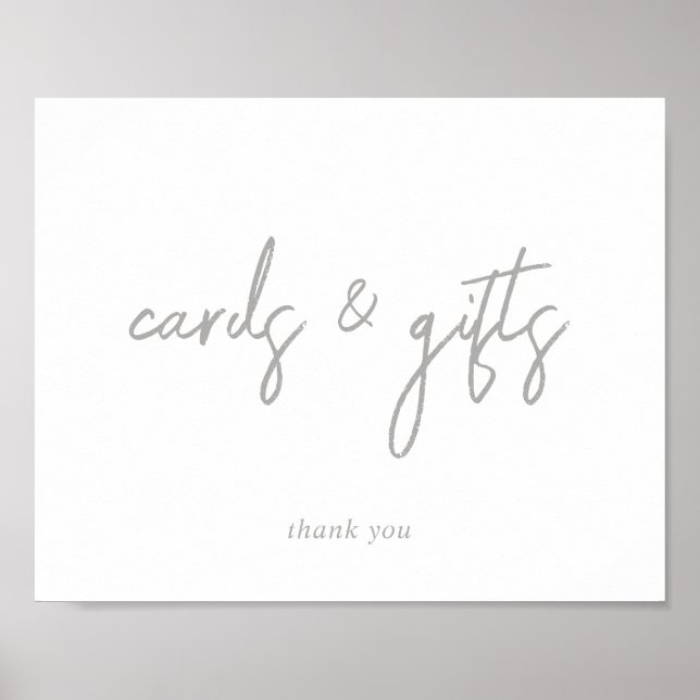 Affiche Panneau Cartes et Cadeaux Argent et Blanc Script (Devant)