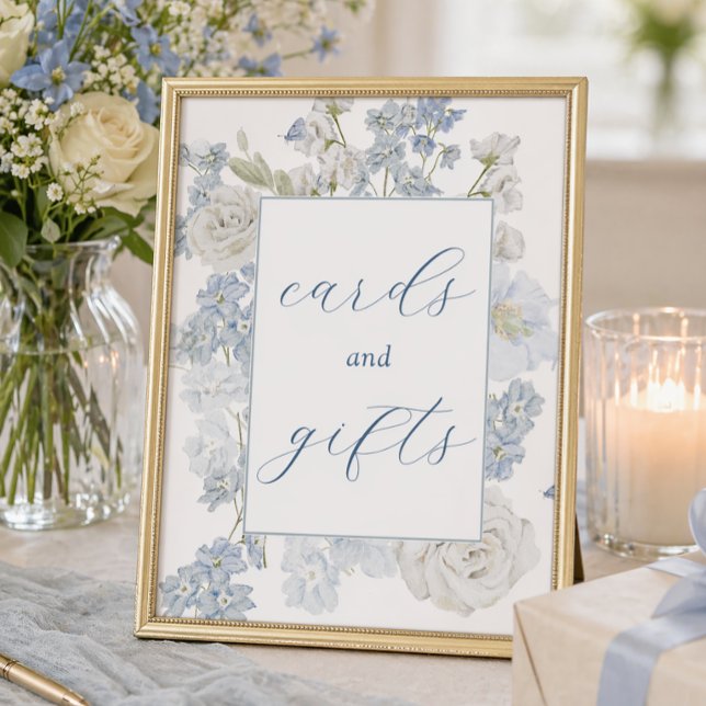 Affiche Panneau Cartes et Cadeaux Fleurs Bleues Douces (Créateur téléchargé)