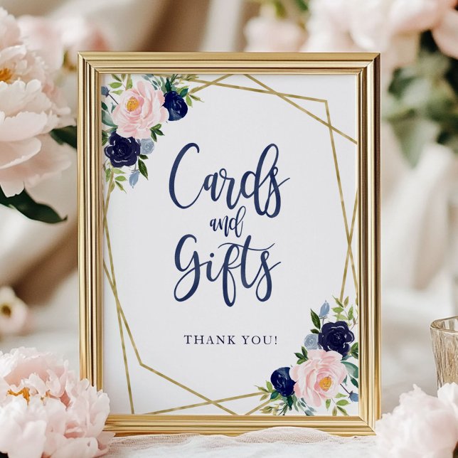 Affiche Panneau Cartes Et Cadeaux Fleurs Dorées Bleu Marin (Créateur téléchargé)