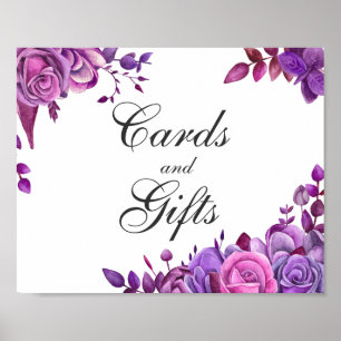 Affiche Panneau cartes et cadeaux. Mariage rose et violet
