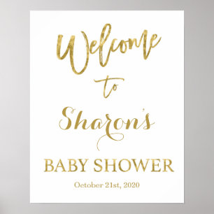 Affiche Panneau d'accueil Baby shower or et blanc