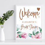 Affiche Panneau d'accueil de la parties scintillant en cui<br><div class="desc">Un panneau de bienvenue moderne glamour printemps ou été douche nuptiale affiche avec des fleurs de magnolia rose aquarelle, feuillage vert, et feuilles d'eucalyptus et un élégant script de calligraphie de parties scintillant en cuivre brossé à la main style whimsical sur un arrière - plan bleu lavé. Facile à personnaliser...</div>