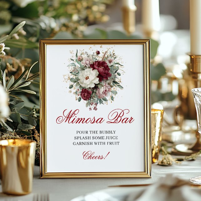 Affiche Panneau d'affiche de bar Mimosa Boho raffiné borde (Refined Boho Mimosa Bar Blush Burgundy Sign)