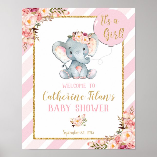 Affiche Panneau d'affiche Elephant Baby shower Girl rose W (Devant)
