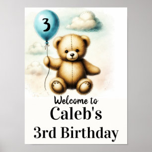Affiche Panneau d'anniversaire 1 an Teddy Bear Blue Balloo