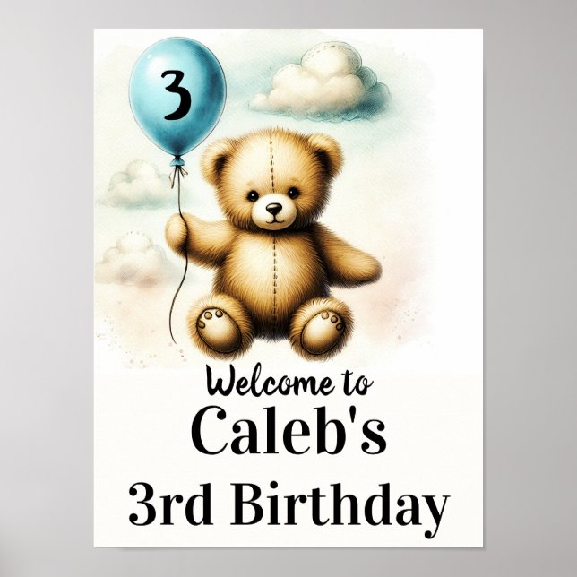 Affiche Panneau d'anniversaire 1 an Teddy Bear Blue Balloo (Devant)