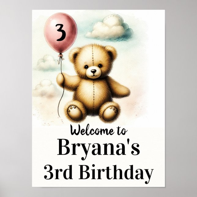 Affiche Panneau d'anniversaire 1 an Teddy Bear Pink Balloo (Devant)