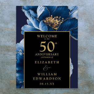 Affiche Panneau d'anniversaire de 50 ans Fleurs bleues Noi