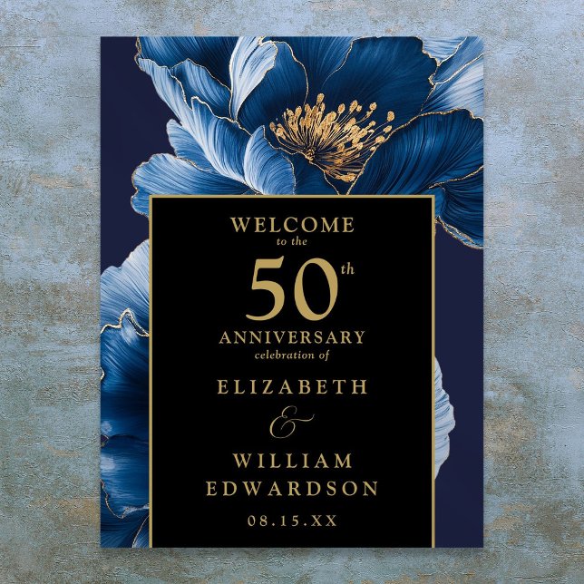 Affiche Panneau d'anniversaire de 50 ans Fleurs bleues Noi (Blue Floral Black And Gold 50th Anniversary Sign)