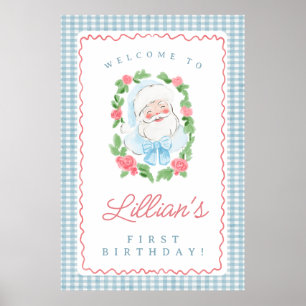 Affiche Panneau d'anniversaire de Santa avec Gingham Bleu 