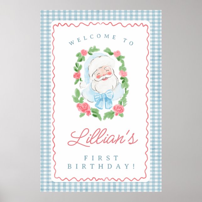 Affiche Panneau d'anniversaire de Santa avec Gingham Bleu  (Devant)