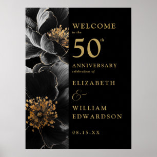 Affiche Panneau d'anniversaire floral chic noir et or