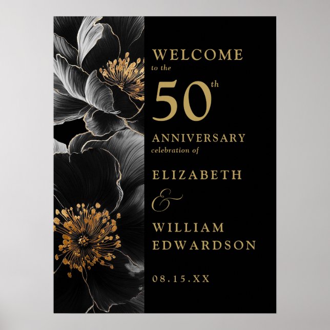Affiche Panneau d'anniversaire floral chic noir et or (Devant)