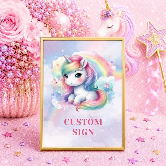 Affiche Panneau d'anniversaire Licorne Pailletée Couleurs  (Sparkly Unicorn Pastel Colors Girl Birthday Sign)