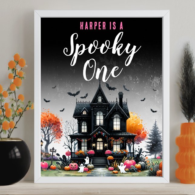 Affiche Panneau d'anniversaire pour une première année d'H (Spooky One Pink Halloween 1st Birthday Party Sign )