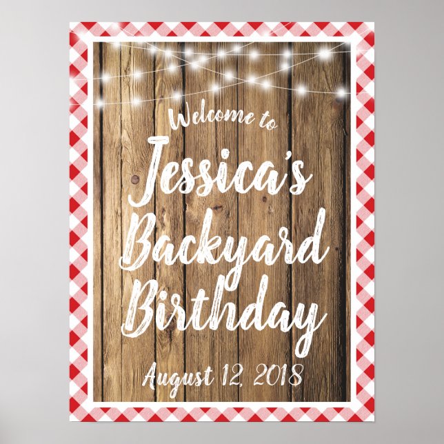 Affiche Panneau d'anniversaire Red En vichy Rustic Wood Ja (Devant)