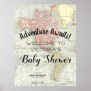 Affiche Panneau d'annonce de Baby Shower Vintage Map Adven