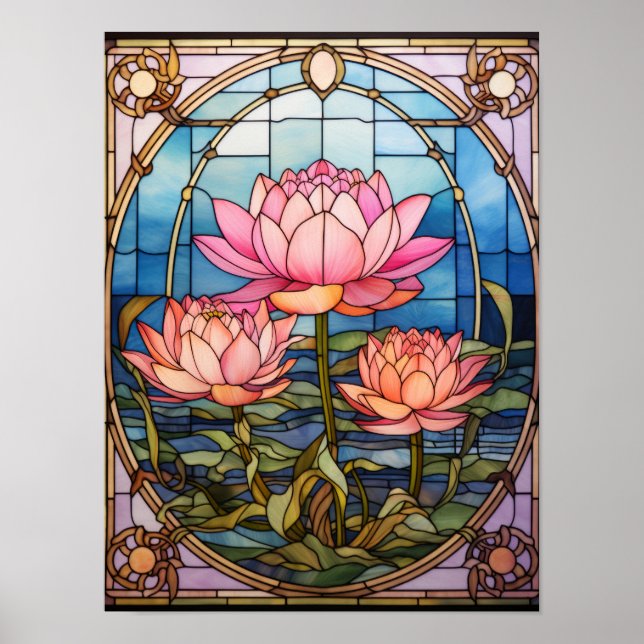 Affiche Panneau d'art de vitrail Fleur de lotus rose (Devant)