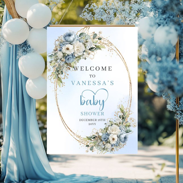 Affiche Panneau de Baby Shower à l'aquarelle Fleurs Bleu P (Watercolor Baby Shower Sign Dusty Blue Florals & Greenery)