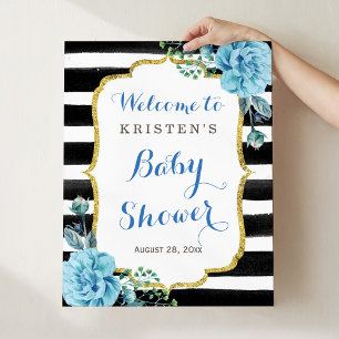 Affiche Panneau de Baby Shower à rayures noires et blanche