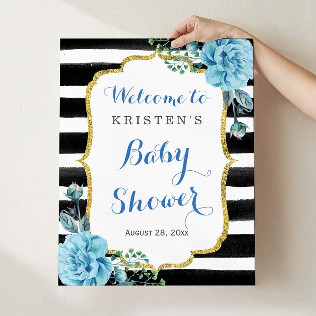 Affiche Panneau de Baby Shower à rayures noires et blanche (Créateur téléchargé)