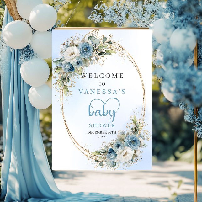Affiche Panneau de Baby Shower Aquarelle Écriture Élégante (Watercolor Baby Shower Sign Elegant Script Dusty Blue Florals)