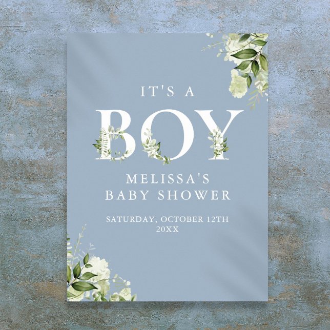 Affiche Panneau de Baby Shower Bleu C'est un Garçon (Blue Its A Boy Greenery Baby Shower Sign)
