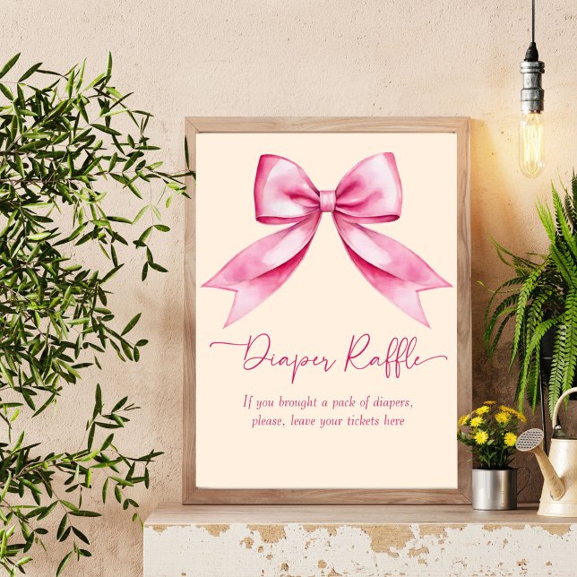 Affiche Panneau de baby shower en ruban rose (Pink bow ribbon baby shower diaper raffle table sign personalized baby shower decor)