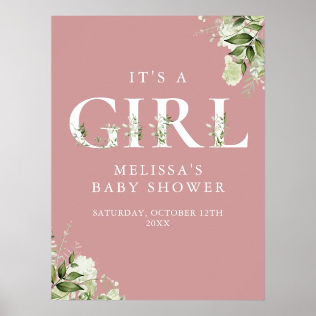 Affiche Panneau de Baby Shower Fille avec Feuillage Rose P (Devant)