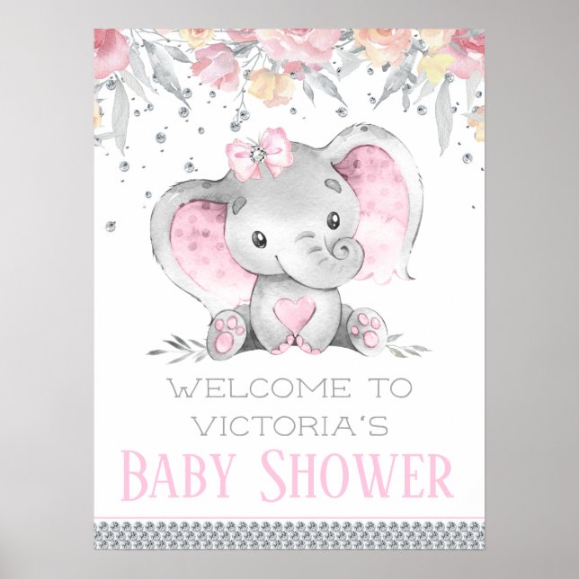 Affiche Panneau de Baby Shower Fille Éléphant (Devant)
