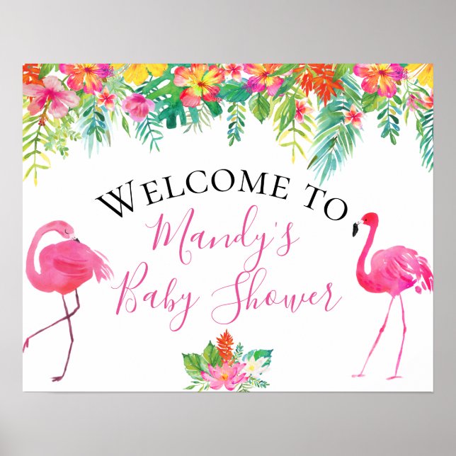 Affiche Panneau de Baby Shower Fleur Tropicale Flamant Ros (Devant)