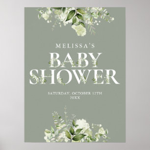 Affiche Panneau de Baby Shower Fleurie de Sauge Verte