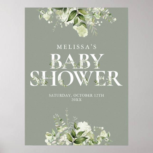 Affiche Panneau de Baby Shower Fleurie de Sauge Verte (Devant)