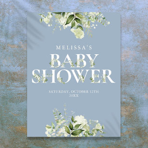 Affiche Panneau de Baby Shower Fleurs de Greenery Bleu Pou