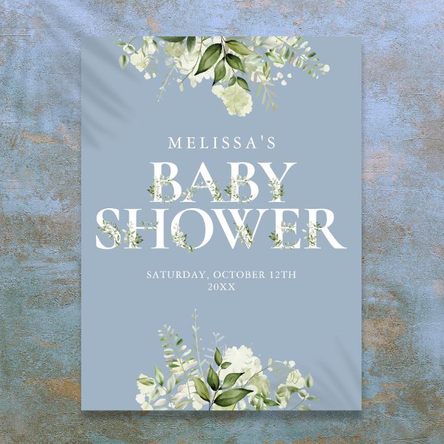 Affiche Panneau de Baby Shower Fleurs de Greenery Bleu Pou (Dusty Blue Greenery Floral Baby Shower Sign)