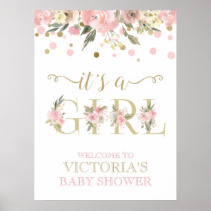Affiche Panneau de Baby Shower Floral Aquarelle Or Rose